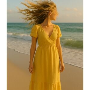 Roxy size L Buff yellow Stormy Flower Prairie ruffled elastic sleeved   Dress